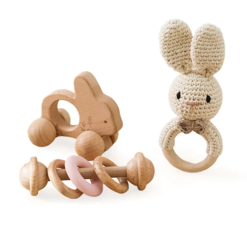 1 Set Baby Crochet Rattle Toys Musical Animal Handbell Rattle Baby Wooden Car Toy Children'S Montessori Toys Newborn Gifts