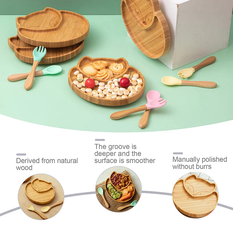 Custom Baby Bamboo Feeding Bowl Spoon Fork Fox Pattern Food Tableware Kids Wooden Training Plate Silicone Suction Cup Removable