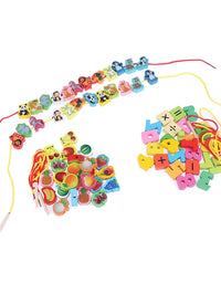 2 Strings Wooden Toys Baby DIY Toy Cartoon Fruit Animal Arithmetic Stringing Threading Wood Beads Toy Educational for Children
