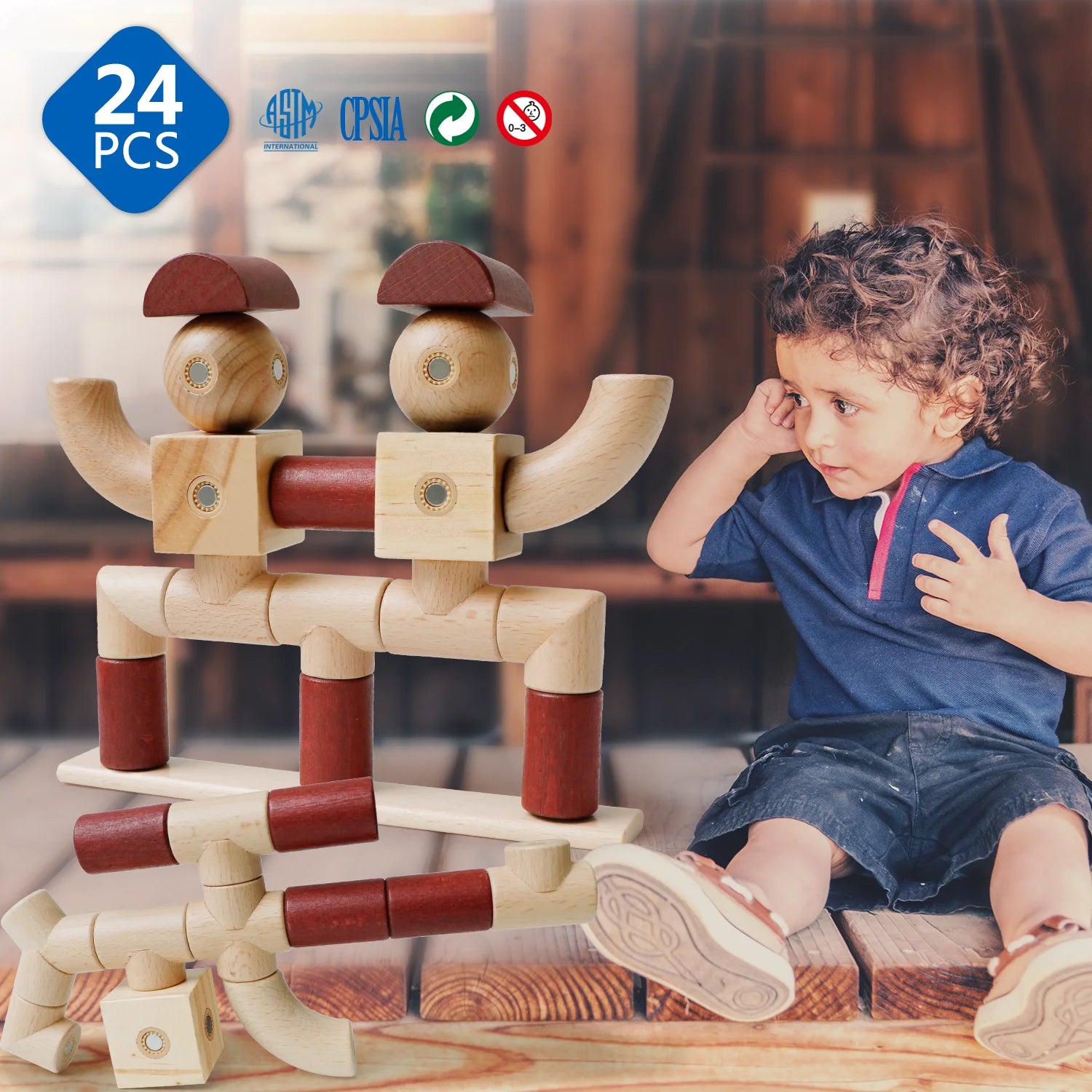 24PCS Magnetic Wooden Blocks Set Toy Kids Preschool Educational Magnetic Building Blocks Montessori Toys Christmas Gifts