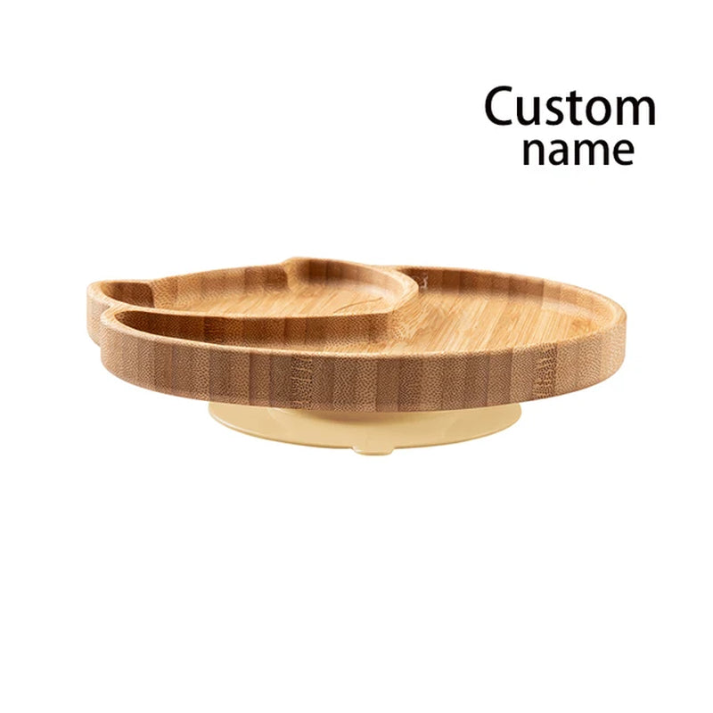 Custom Baby Bamboo Feeding Bowl Spoon Fork Fox Pattern Food Tableware Kids Wooden Training Plate Silicone Suction Cup Removable