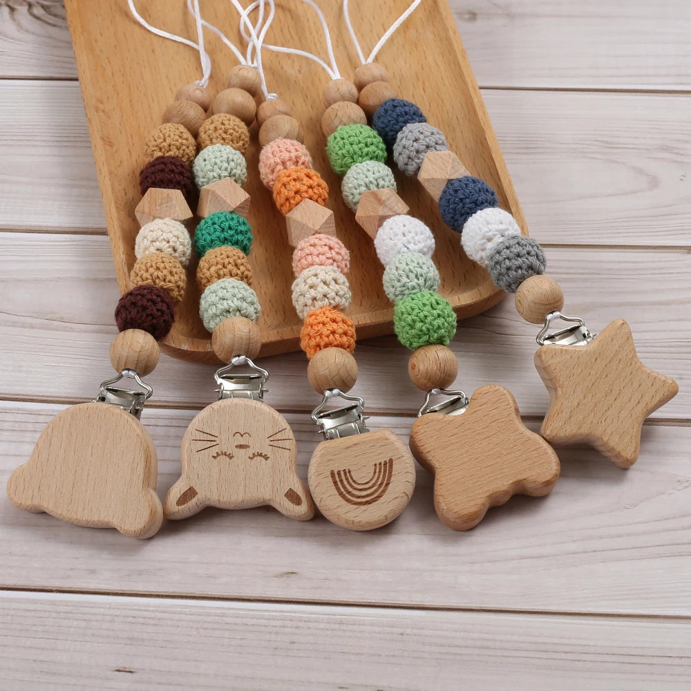 Elephant Bunny Animal Heart Wooden Baby Pacifier Clips round Crochet Beads Teething Chain for Baby Nipple Chain Nursing Chew Toy