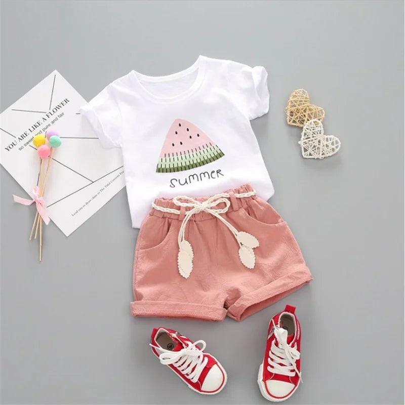 Summer Girls Clothing Set 2Pcs Tracksuit Children Cotton Suit Kids Cartoon Outfits Short Sleeve Baby Girls Clothes Sets