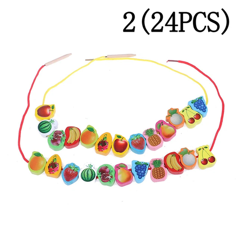 2 Strings Wooden Toys Baby DIY Toy Cartoon Fruit Animal Arithmetic Stringing Threading Wood Beads Toy Educational for Children