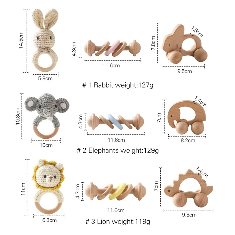 1 Set Baby Crochet Rattle Toys Musical Animal Handbell Rattle Baby Wooden Car Toy Children'S Montessori Toys Newborn Gifts