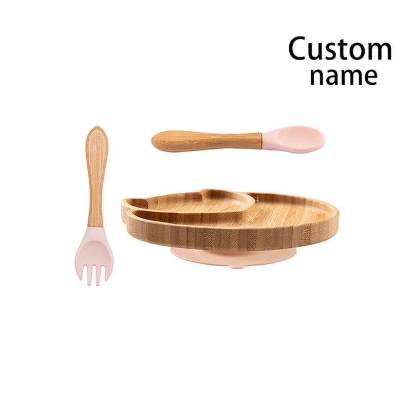 Custom Baby Bamboo Feeding Bowl Spoon Fork Fox Pattern Food Tableware Kids Wooden Training Plate Silicone Suction Cup Removable