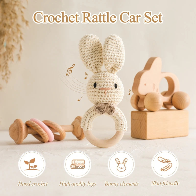 1 Set Baby Crochet Rattle Toys Musical Animal Handbell Rattle Baby Wooden Car Toy Children'S Montessori Toys Newborn Gifts