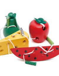 Montessori Baby Wooden Toys Worm Eat Fruit Cheese Wood Toys Baby Kids Educational Toys Rope-Piercing Montessori Toys Gifts
