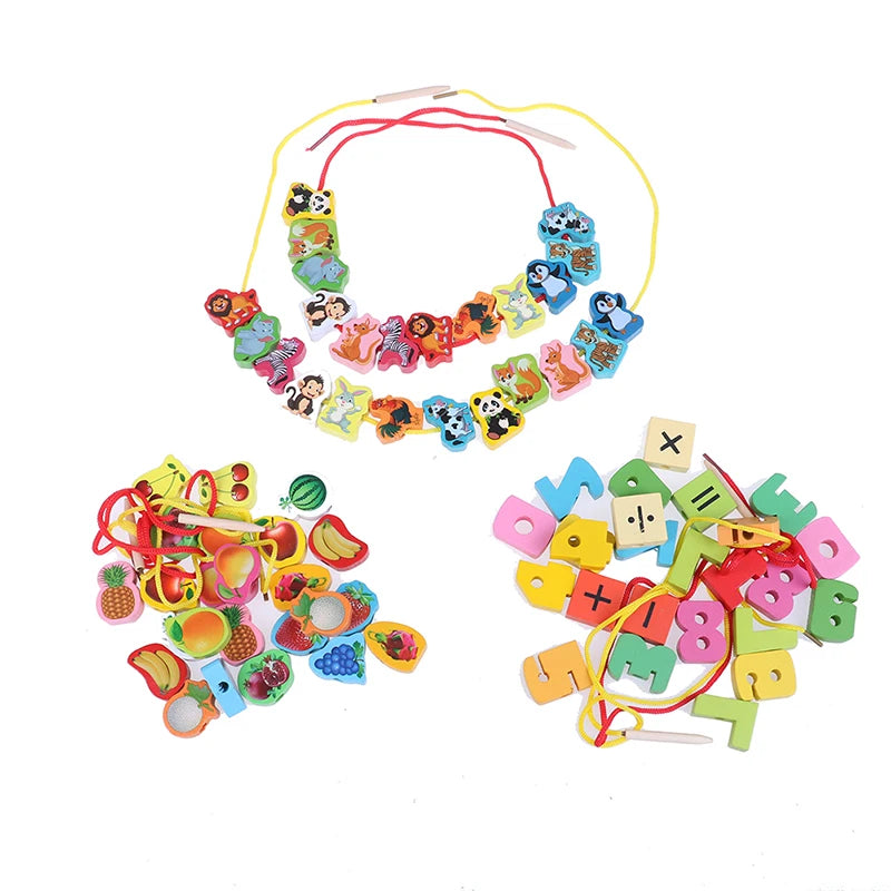 2 Strings Wooden Toys Baby DIY Toy Cartoon Fruit Animal Arithmetic Stringing Threading Wood Beads Toy Educational for Children