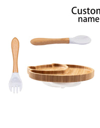 Custom Baby Bamboo Feeding Bowl Spoon Fork Fox Pattern Food Tableware Kids Wooden Training Plate Silicone Suction Cup Removable
