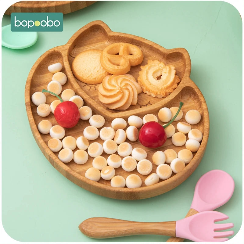 1set Baby Feeding Bowl Baby Dinner Plate Cartoon Sheep Bamboo Kids Feeding Dinnerware With Silicone Suction Cup Wooden Fork Spoo