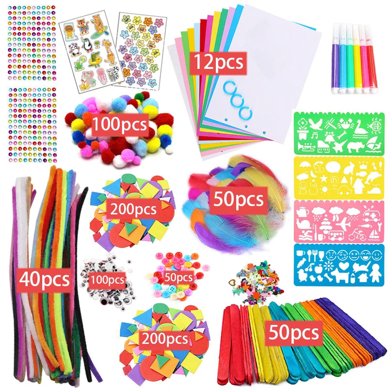 Colorful Pipe Cleaners Craft Kit Popsicle Plush Sticks Pompoms Stickers DIY Arts Supplies Children Kids Montessori Education Toy