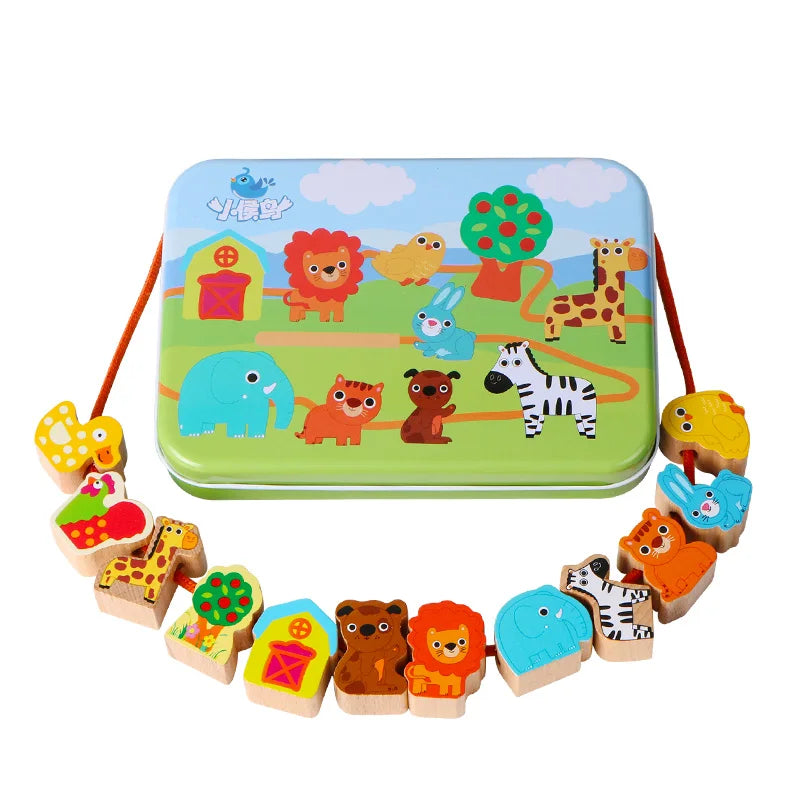 Logwood Wooden toys Baby DIY Toy Cartoon Fruit Animal Stringing Threading Wooden beads toy Monterssori Educational for Children