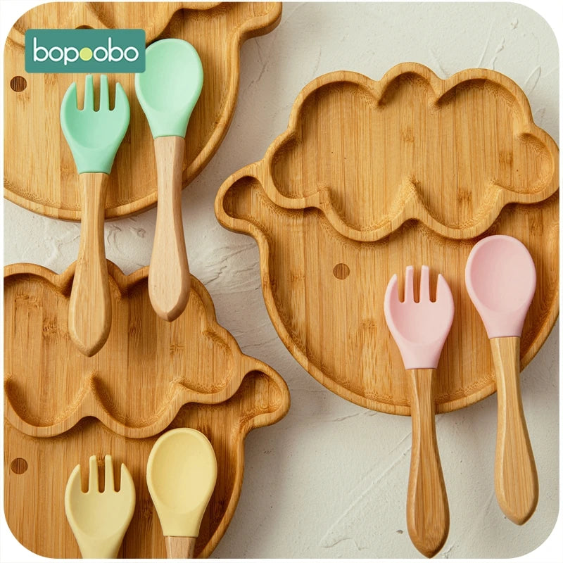 1set Baby Feeding Bowl Baby Dinner Plate Cartoon Sheep Bamboo Kids Feeding Dinnerware With Silicone Suction Cup Wooden Fork Spoo