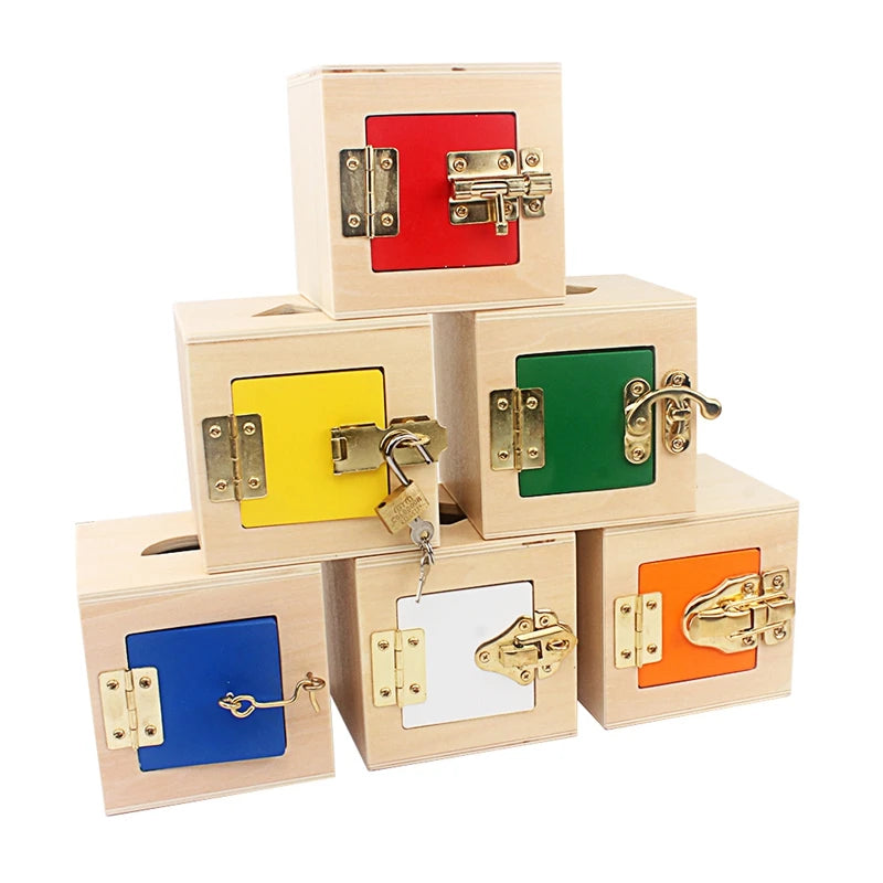 Montessori Multifunctional Lock Toys 6 Unlock Box Exercises Toys Practical Training Wooden Toys Basical Life Skill Toy Education