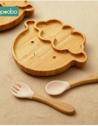 1set Baby Feeding Bowl Baby Dinner Plate Cartoon Sheep Bamboo Kids Feeding Dinnerware With Silicone Suction Cup Wooden Fork Spoo
