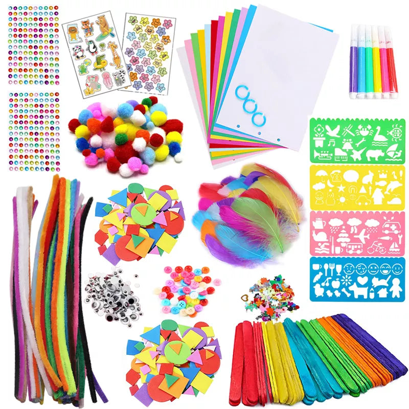 Colorful Pipe Cleaners Craft Kit Popsicle Plush Sticks Pompoms Stickers DIY Arts Supplies Children Kids Montessori Education Toy