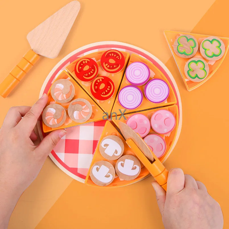 27pcs Pizza Wooden Toys Food Cooking Simulation Tableware Children Kitchen Pretend Play Toy Fruit Vegetable with Tableware