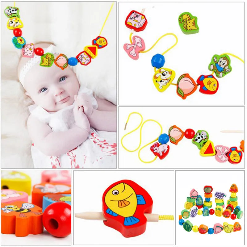 26pcs Wooden Toys Baby DIY Toy Cartoon Fruit Animal Stringing Threading Wooden beads Toy Monterssori Educational for Kids GYH