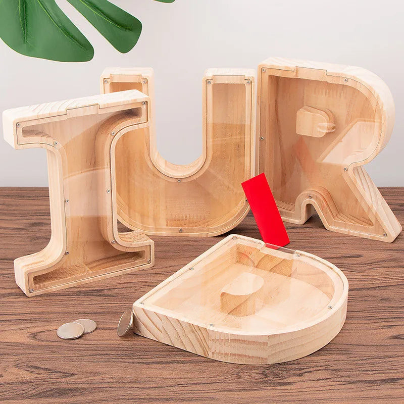 Wooden Personalized Piggy Bank, Alphabet Shape Kids Money Jar, Dinosaur Coins Saving Box,Kids Cartoon Letters Wood Money Box