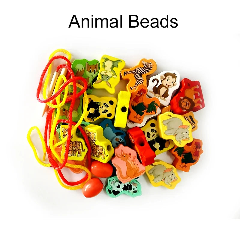 26pcs Wooden Toys Baby DIY Toy Cartoon Fruit Animal Stringing Threading Wooden beads Toy Monterssori Educational for Kids GYH