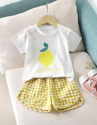 Fruit T-shirt Plaid Shorts Girls 2pc/set Summer Children's Clothes Cotton Kids Short Sleeved Suit Fashion Baby Clothing 1-6Y
