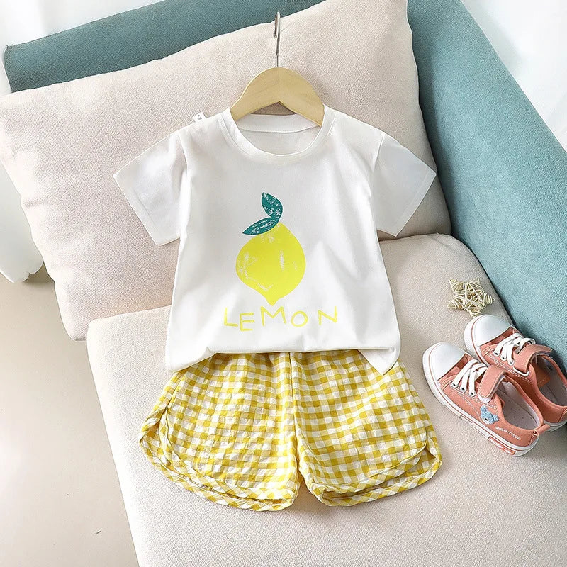 Fruit T-shirt Plaid Shorts Girls 2pc/set Summer Children's Clothes Cotton Kids Short Sleeved Suit Fashion Baby Clothing 1-6Y