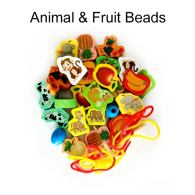 26pcs Wooden Toys Baby DIY Toy Cartoon Fruit Animal Stringing Threading Wooden beads Toy Monterssori Educational for Kids GYH