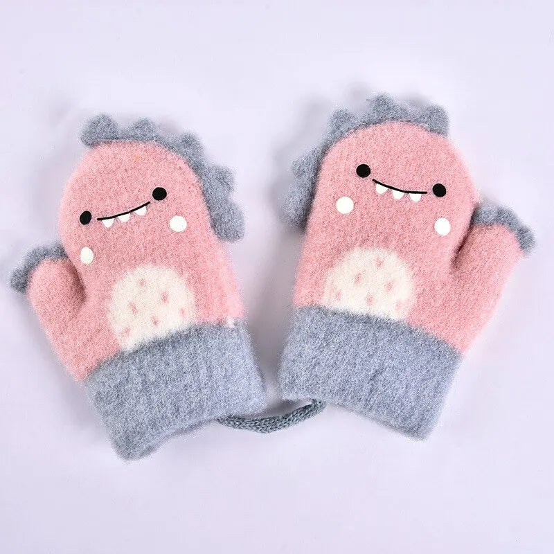 Warm Autumn Winter Cartoon Dinosaur Baby Gloves Full Finger Knitted Thick Outdoor Mittens for Kids Girl Boy Toddler