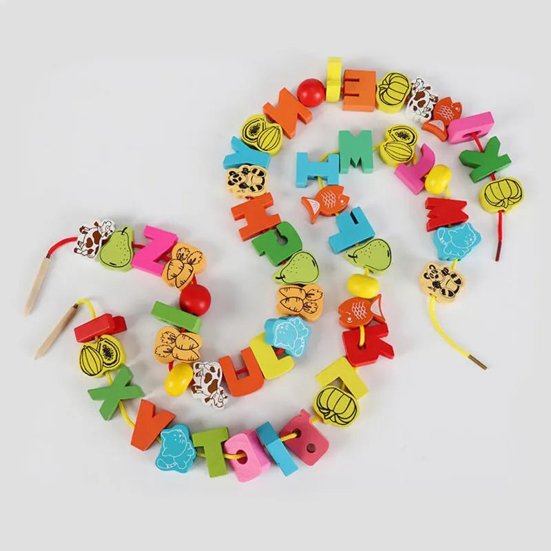 26pcs Wooden Toys Baby DIY Toy Cartoon Fruit Animal Stringing Threading Wooden beads Toy Monterssori Educational for Kids GYH