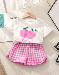 Fruit T-shirt Plaid Shorts Girls 2pc/set Summer Children's Clothes Cotton Kids Short Sleeved Suit Fashion Baby Clothing 1-6Y
