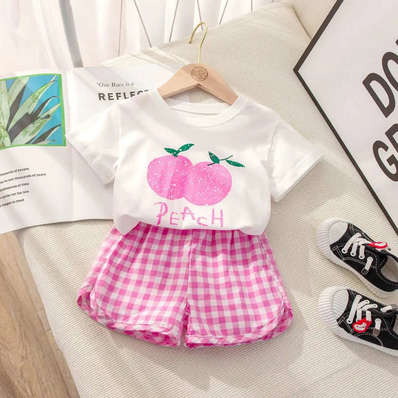 Fruit T-shirt Plaid Shorts Girls 2pc/set Summer Children's Clothes Cotton Kids Short Sleeved Suit Fashion Baby Clothing 1-6Y