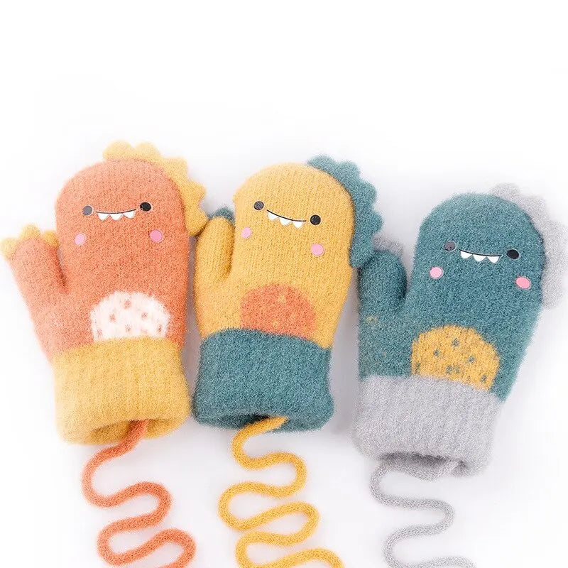 Cartoon Dinosaur Baby Gloves Warm Autumn Winter Kids Girl Boy Full Finger Gloves Knitted Thick Outdoor Children Toddler Mittens