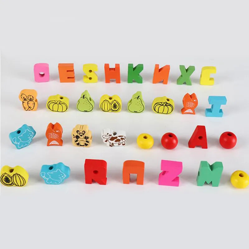 26pcs Wooden Toys Baby DIY Toy Cartoon Fruit Animal Stringing Threading Wooden beads Toy Monterssori Educational for Kids GYH