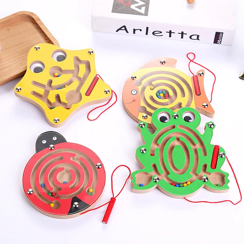 Children Wooden Educational Montessori Toys Magnetic Track Maze Handwriting Pen Push Beads Animals Labyrinth Track Toys For Kids