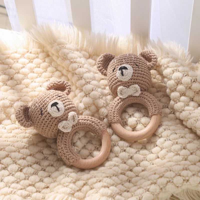 1Pc Baby Wooden Rattle Toys Wooden Teether Ring Crochet Rabbit Music Rattles Soother Bracelet Toddler Toys For Children's Gift