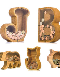 Wooden Personalized Piggy Bank, Alphabet Shape Kids Money Jar, Dinosaur Coins Saving Box,Kids Cartoon Letters Wood Money Box
