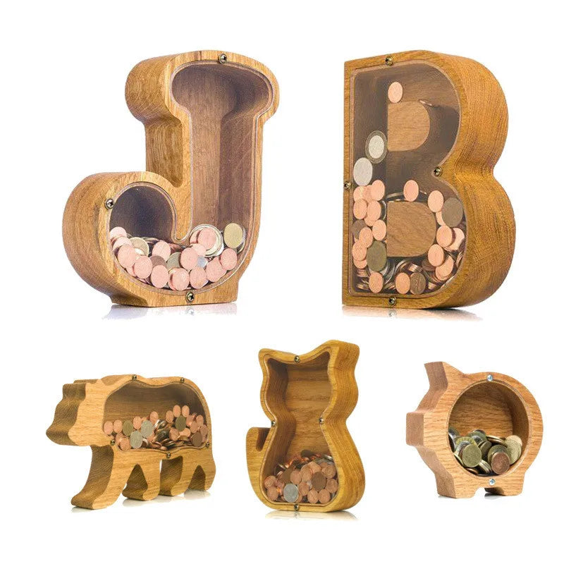 Wooden Personalized Piggy Bank, Alphabet Shape Kids Money Jar, Dinosaur Coins Saving Box,Kids Cartoon Letters Wood Money Box