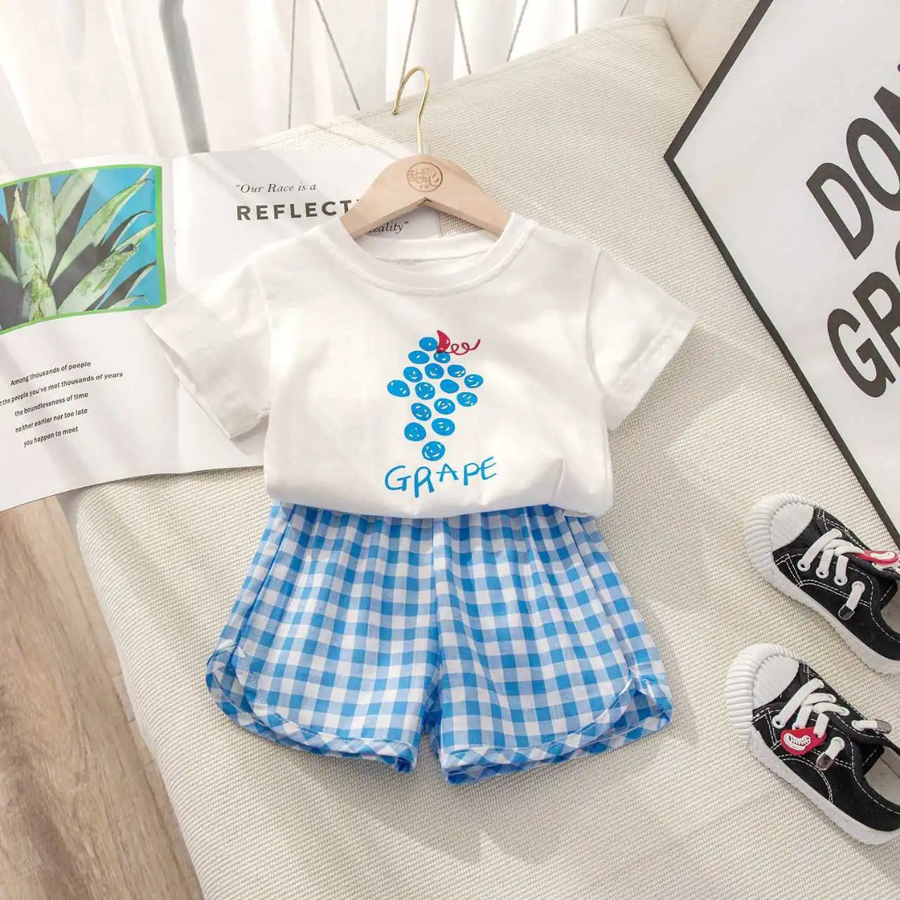 Fruit T-shirt Plaid Shorts Girls 2pc/set Summer Children's Clothes Cotton Kids Short Sleeved Suit Fashion Baby Clothing 1-6Y