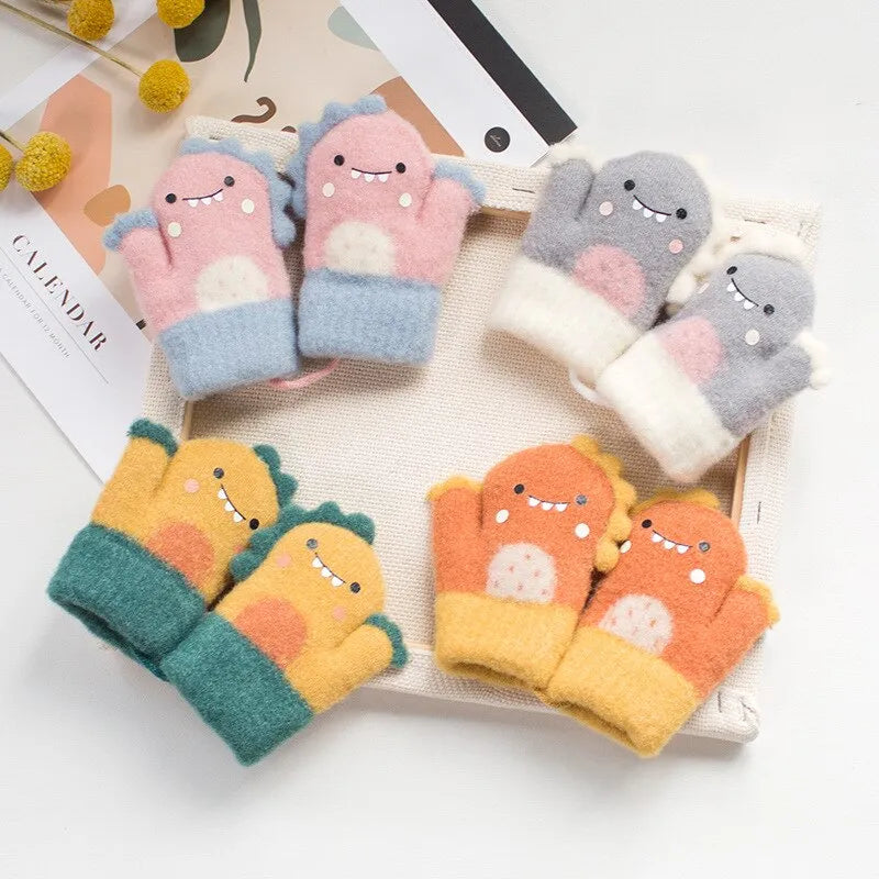 Warm Autumn Winter Cartoon Dinosaur Baby Gloves Full Finger Knitted Thick Outdoor Mittens for Kids Girl Boy Toddler