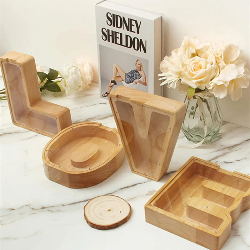 Wooden Personalized Piggy Bank, Alphabet Shape Kids Money Jar, Dinosaur Coins Saving Box,Kids Cartoon Letters Wood Money Box