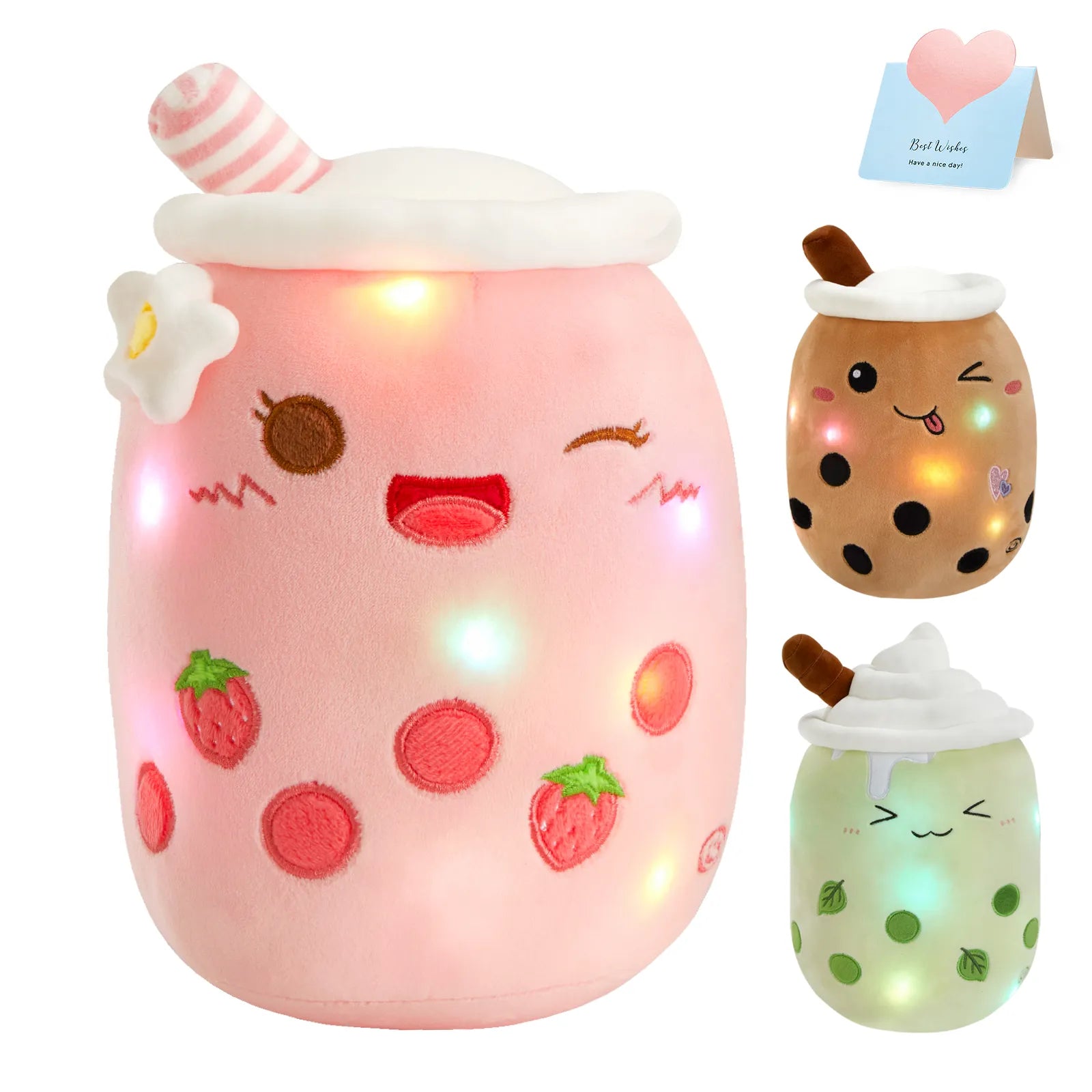 26-38cm LED Light Milk Tea Doll Plush Toy Green Pink Soft Cute Throw Pillows Strawberry Stuffed Animals for Girls Birthday Gift