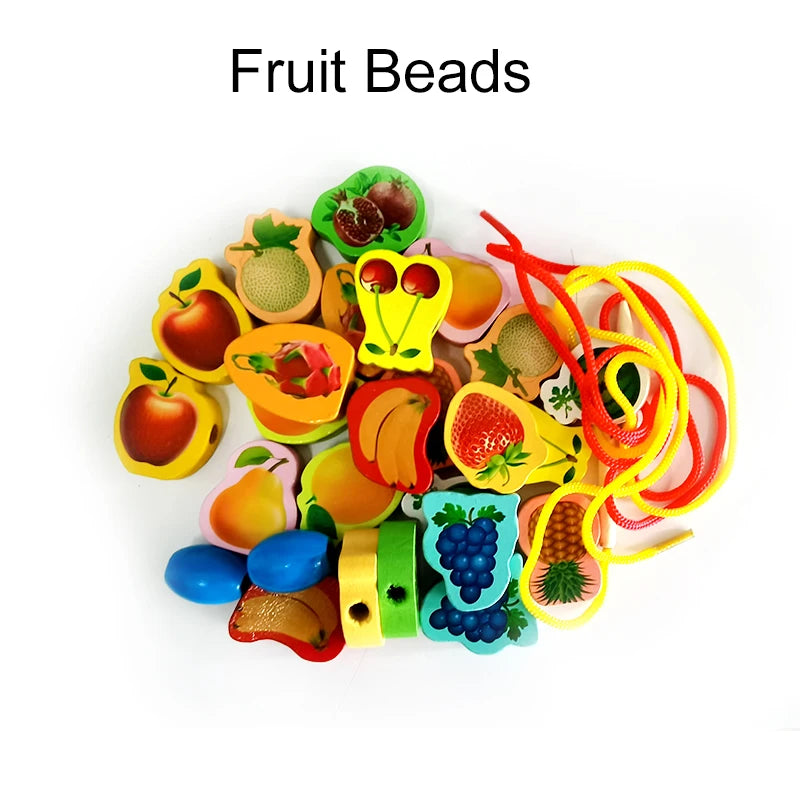 26pcs Wooden Toys Baby DIY Toy Cartoon Fruit Animal Stringing Threading Wooden beads Toy Monterssori Educational for Kids GYH