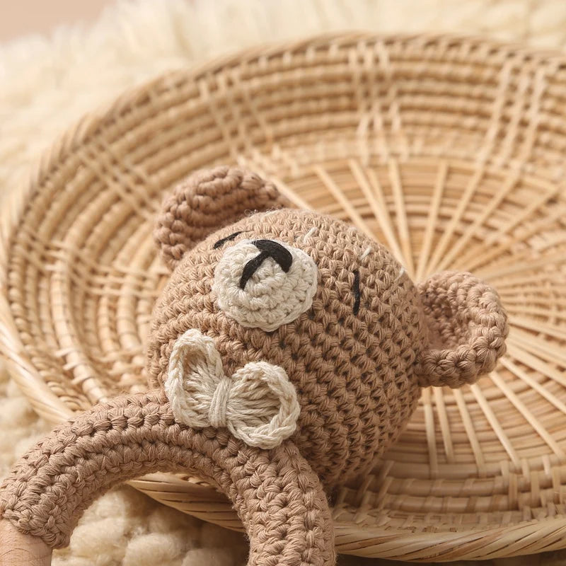 1Pc Baby Wooden Rattle Toys Wooden Teether Ring Crochet Rabbit Music Rattles Soother Bracelet Toddler Toys For Children's Gift