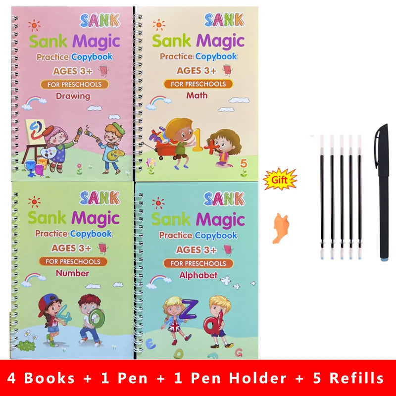 4pcs Sank Magic Practice Copybook Pen Preschools Kids Calligraphy English Verison Free Wiping Children Reusable Writing Book