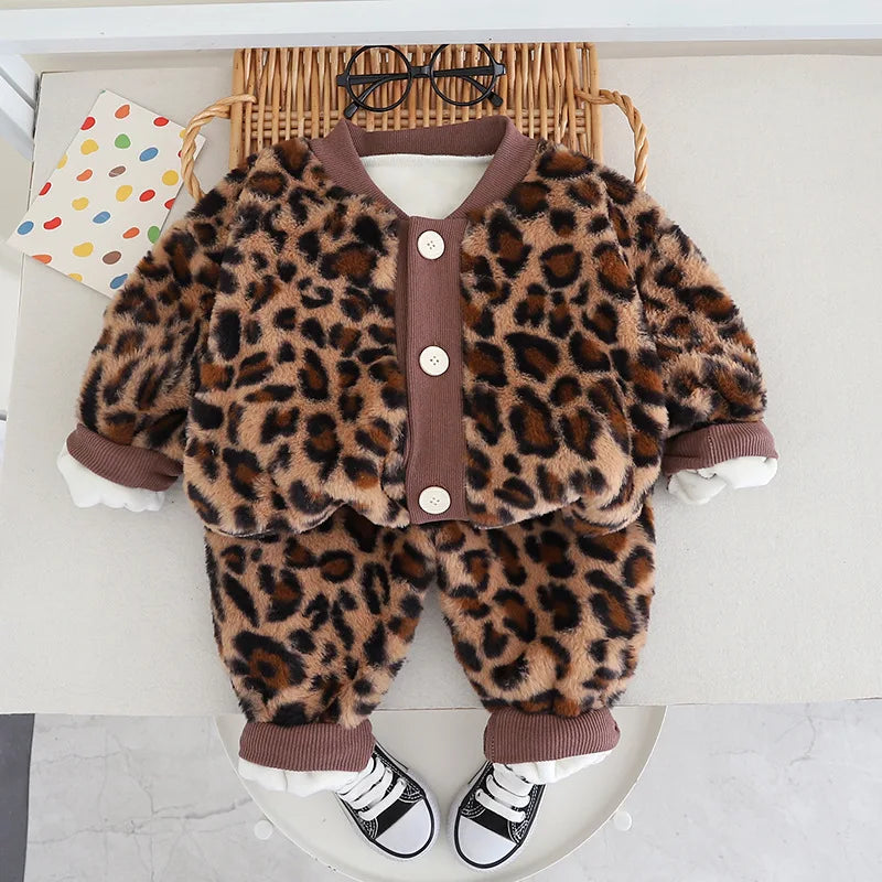 Autumn Winter Children Clothing Set Boys Girls Casual Long Sleeves Warm Coat + Pants 2 Pieces Clothes