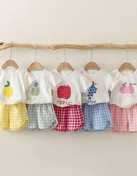 Fruit T-shirt Plaid Shorts Girls 2pc/set Summer Children's Clothes Cotton Kids Short Sleeved Suit Fashion Baby Clothing 1-6Y
