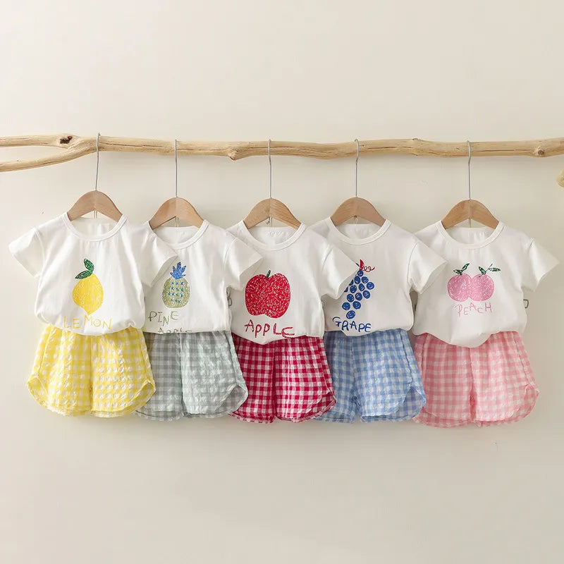 Fruit T-shirt Plaid Shorts Girls 2pc/set Summer Children's Clothes Cotton Kids Short Sleeved Suit Fashion Baby Clothing 1-6Y