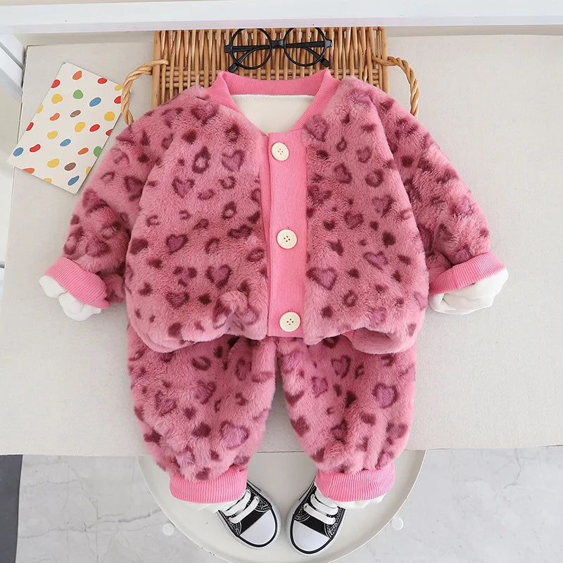 Autumn Winter Children Clothing Set Boys Girls Casual Long Sleeves Warm Coat + Pants 2 Pieces Clothes