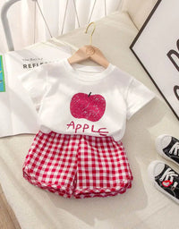 Fruit T-shirt Plaid Shorts Girls 2pc/set Summer Children's Clothes Cotton Kids Short Sleeved Suit Fashion Baby Clothing 1-6Y
